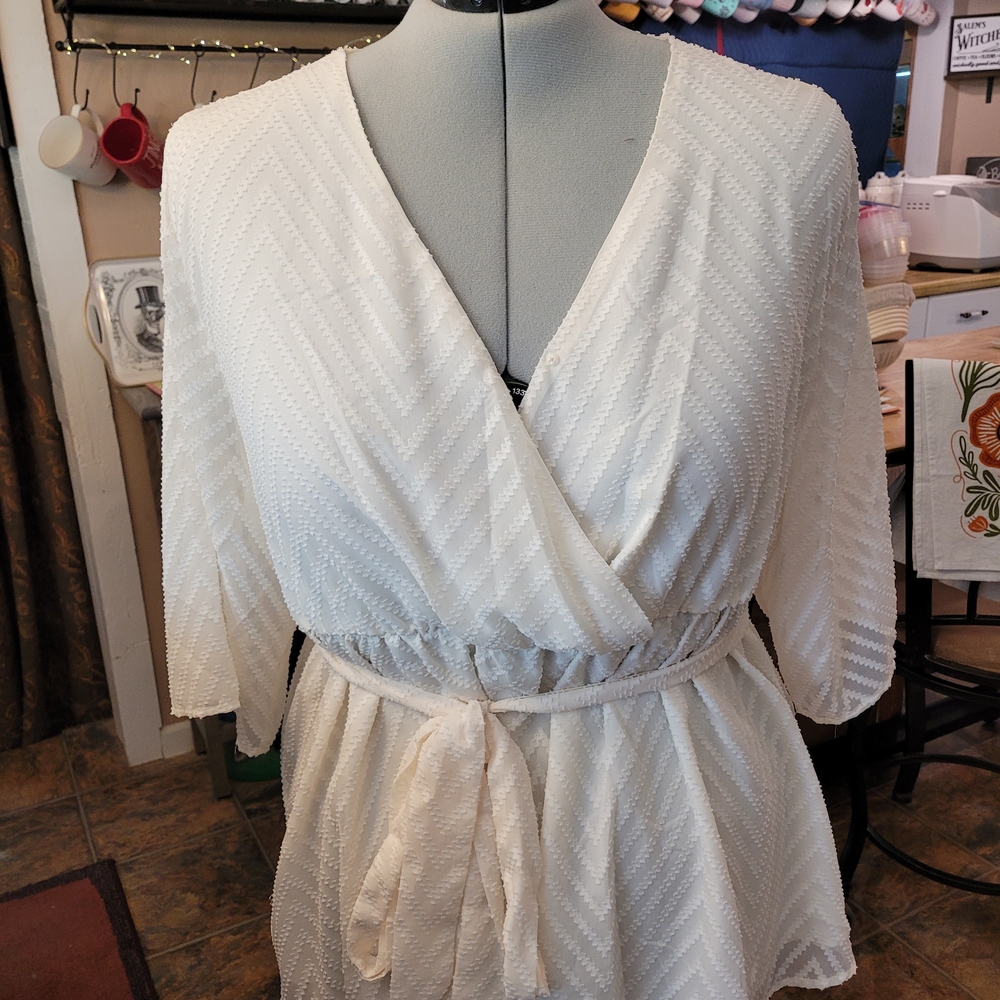 BloomChic White Textured Wrap Blouse with Waist Tie